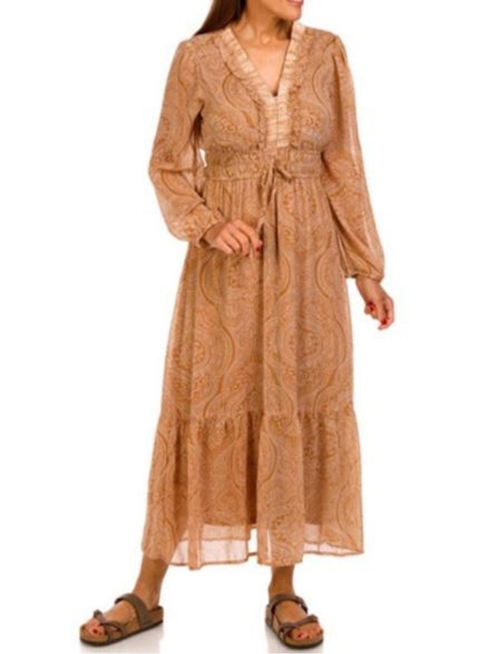NWT Harlow & Rose Smocked Waist Paisley Maxi Dress in Tan Size S